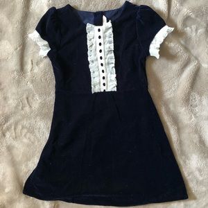 Janie and Jack Navy Blue Velvet Dress Short Sleeve White Ruffle Detail Buttons